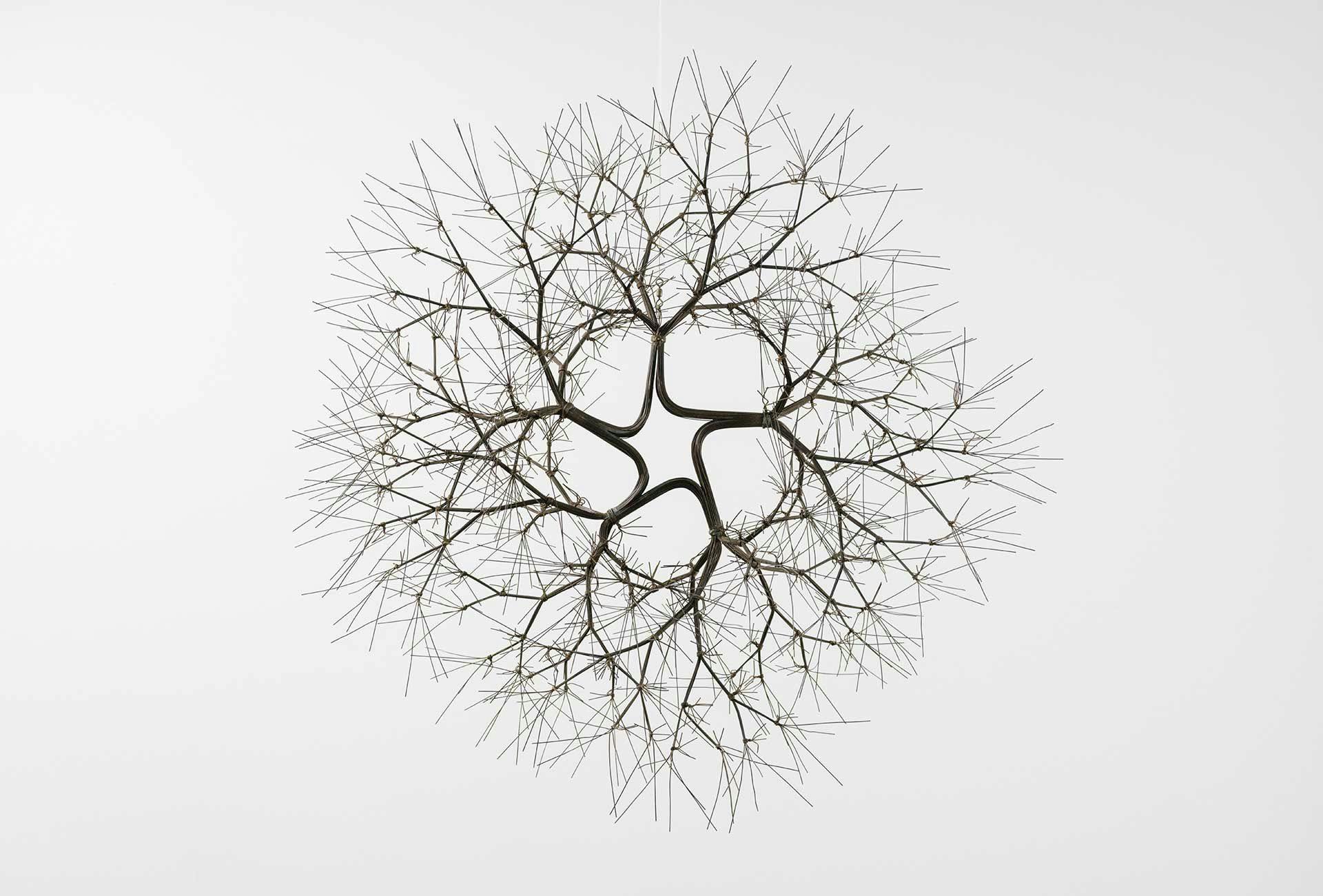 A wall-hanging wire sculpture by Ruth Asawa, titled Untitled (S.452, Hanging Tied-Wire, Five Branched Form Based on Nature), circa 1965.